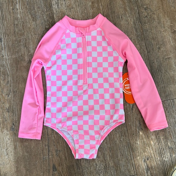 NWT Wonder nation pink and white checkered half zip 2T swimsuit - Picture 2 of 3